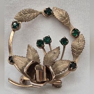 Vintage Gold and Green Rhinestones Leaf Wreath Cabbage Rose Brooch